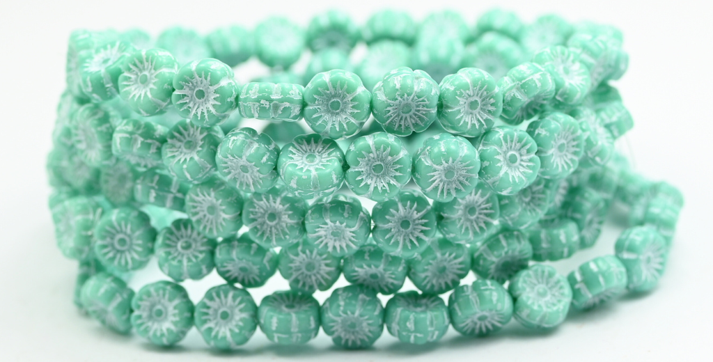 夏威夷花压制玻璃珠,绿松石白色内衬 (63140-46401),玻璃,捷克共和国 ~ STRANDED