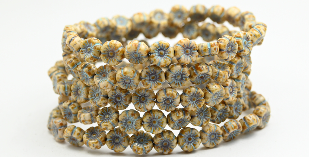 Hawaii Flower Pressed Glass Beads, White Travertin Light Blue Lined (02010-86-54308), Glass, Czech Republic ~ STRANDED