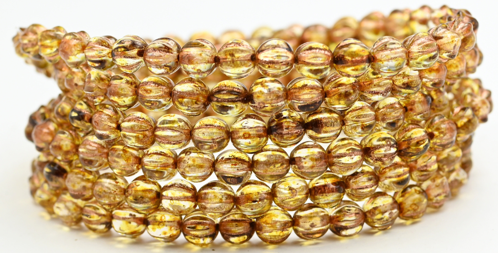 Melon Round Pressed Glass Beads With Stripes, Crystal Travertin Copper Lined (6-00030-86-54200), Glass, Czech Republic ~ STRANDED