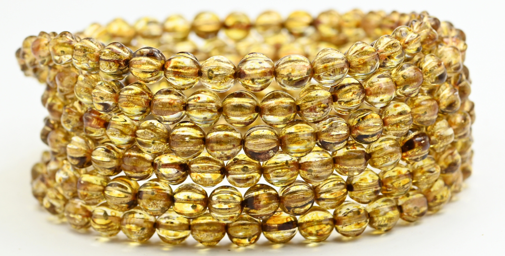 Melon Round Pressed Glass Beads With Stripes, Crystal Travertin Gold Lined (6-00030-86-54202), Glass, Czech Republic ~ STRANDED