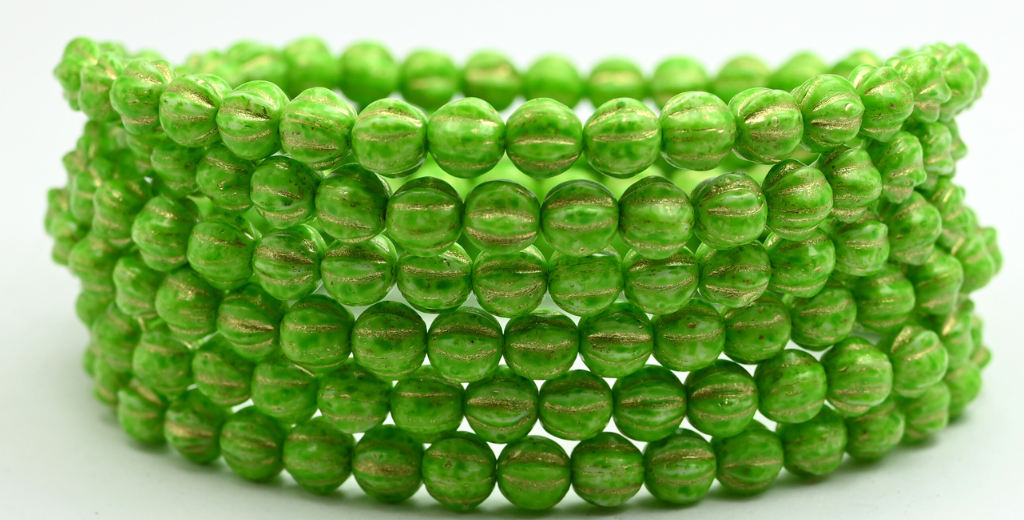 Melon Round Pressed Glass Beads With Stripes, White Green Spotted Gold Lined (6-02010-33311-54202), Glass, Czech Republic ~ STRANDED