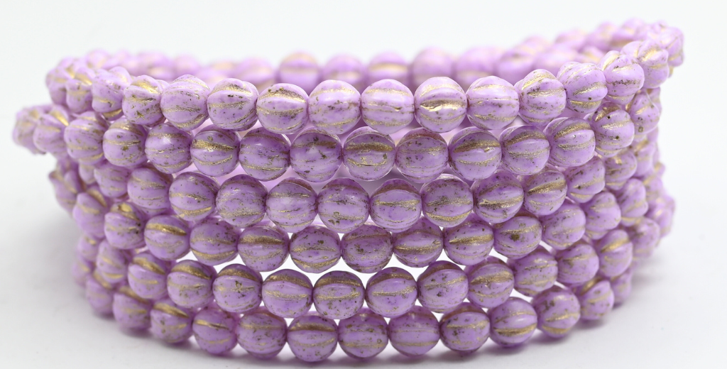 Melon Round Pressed Glass Beads With Stripes, White Cold Purple Spotted Gold Lined (6-02010-33305-54202), Glass, Czech Republic ~ STRANDED