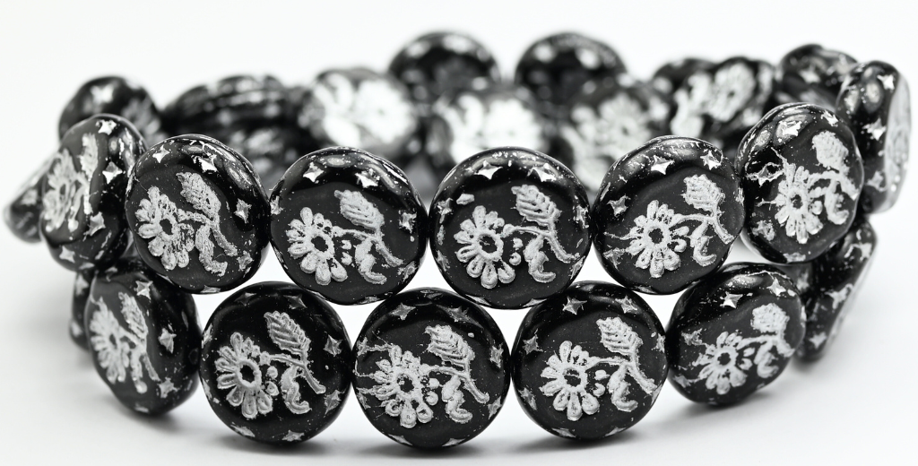 Round Flat With Flower Marguerite Pressed Glass Beads, Black Silver Lined (23980-54201), Glass, Czech Republic ~ STRANDED