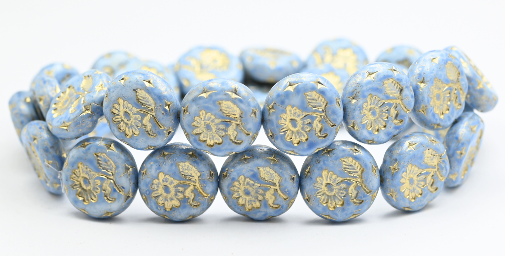 Round Flat With Flower Marguerite Pressed Glass Beads, White 43612 Lava Glass Gold Lined (02010-43612-LAVA-GLASS-54202), Glass, Czech Republic ~ STRANDED
