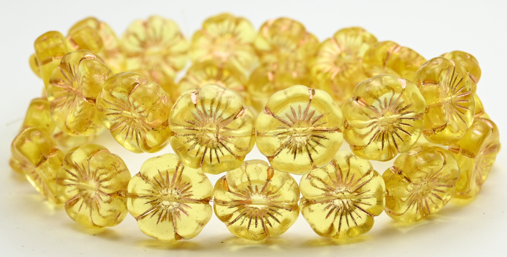 夏威夷压花玻璃珠,透明黄色铜衬(80120-54200),玻璃,捷克共和国 ~ 串珠