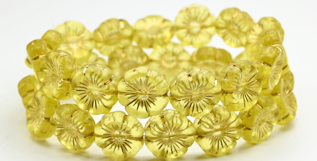 Hawaii Flower Pressed Glass Beads, Transparent Yellow Gold Lined (80120-54202), Glass, Czech Republic ~ STRANDED