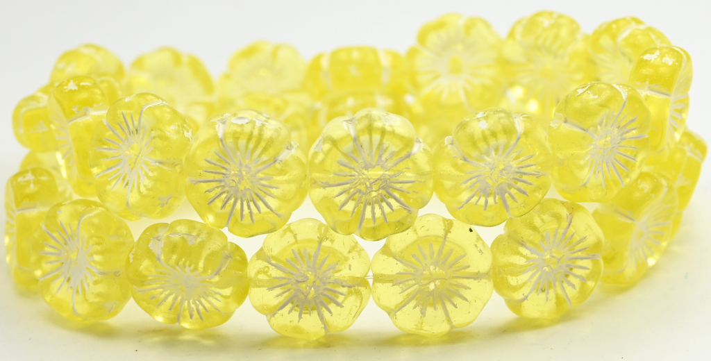夏威夷花朵压制玻璃珠,透明黄白内衬(80120-46401),玻璃,捷克共和国 ~ 串珠