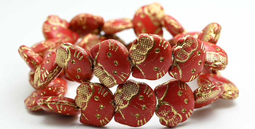 Hello Kitty Beads, Opaque Red Gold Lined (1918-93200-54202), Glass, Czech Republic ~ STRANDED