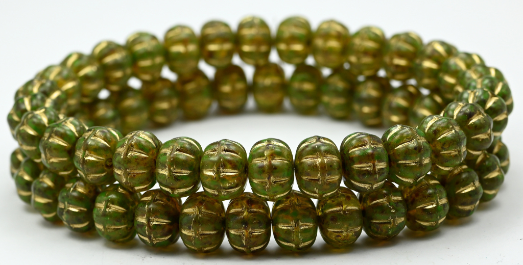 Pumpkin Beads, Crystal Travertin Green Spotted Gold Lined (00030-86-33311-54202), Glass, Czech Republic ~ STRANDED