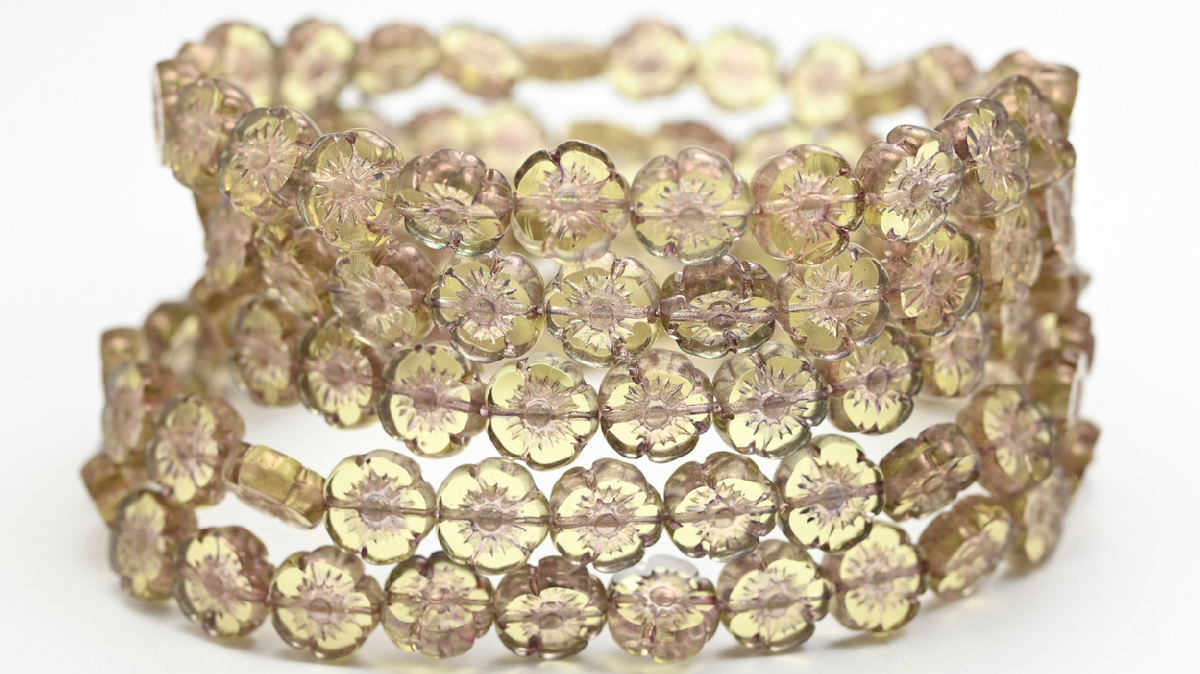 Table Cut Hawaii Flower Beads, Transparent Yellow Luster Lila (80120B-14494), Glass, Czech Republic ~ STRANDED