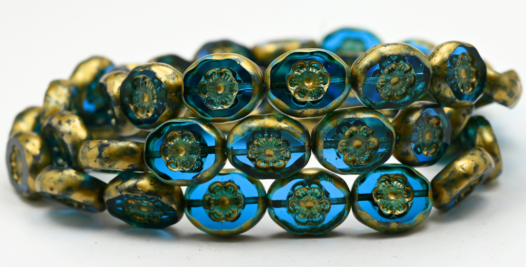 Table Cut Oval Beads With Cameo Lady'S Face, Transparent Aqua Gold Splash (60050-86720), Glass, Czech Republic ~ STRANDED
