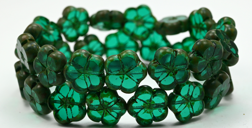 Table Cut Flower Beads, Transparent Green Emerald Travertin (50720-86800), Glass, Czech Republic ~ STRANDED