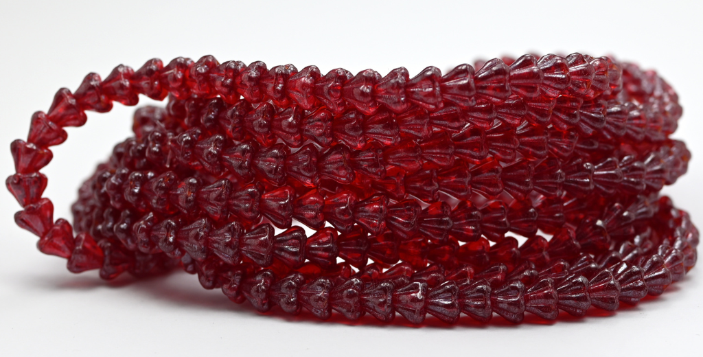 Bell Flower Pressed Glass Beads, Ruby Red Hematite (90080-14400), Glass, Czech Republic ~ STRANDED