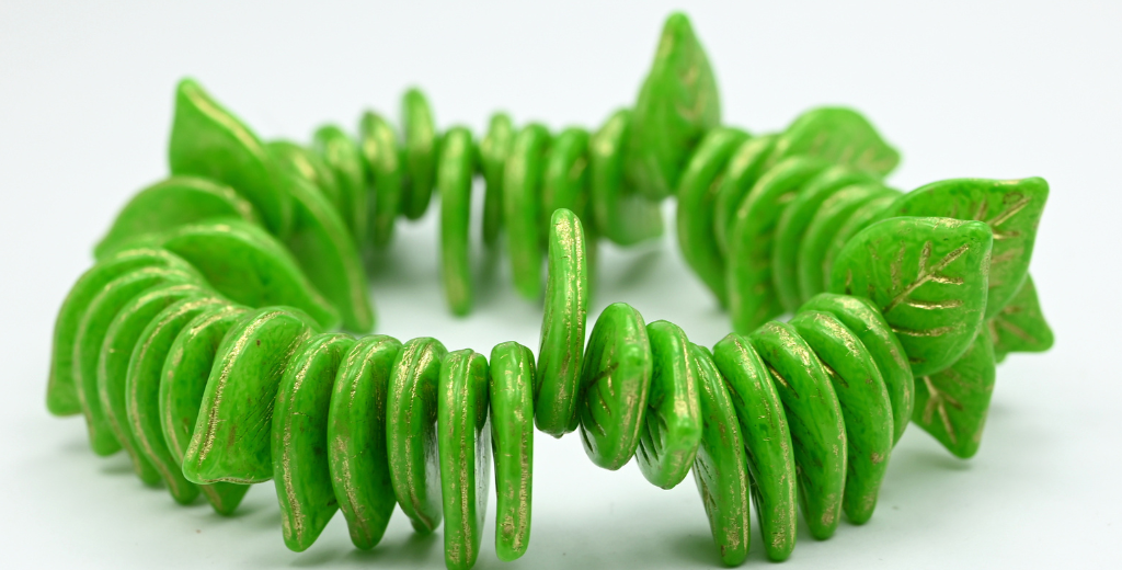 Leaf Pressed Glass Beads, White Green Spotted Gold Lined (02010-33311-54202), Glass, Czech Republic ~ STRANDED