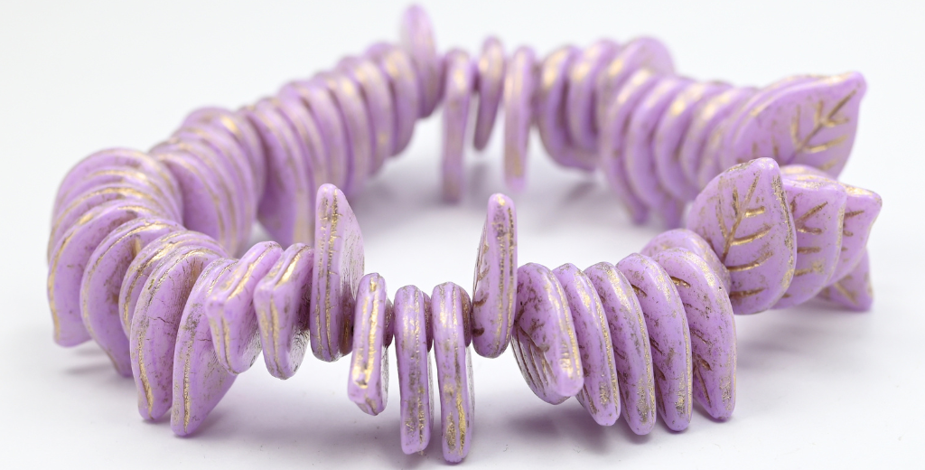 Leaf Pressed Glass Beads, White Cold Purple Spotted Gold Lined (02010-33305-54202), Glass, Czech Republic ~ STRANDED