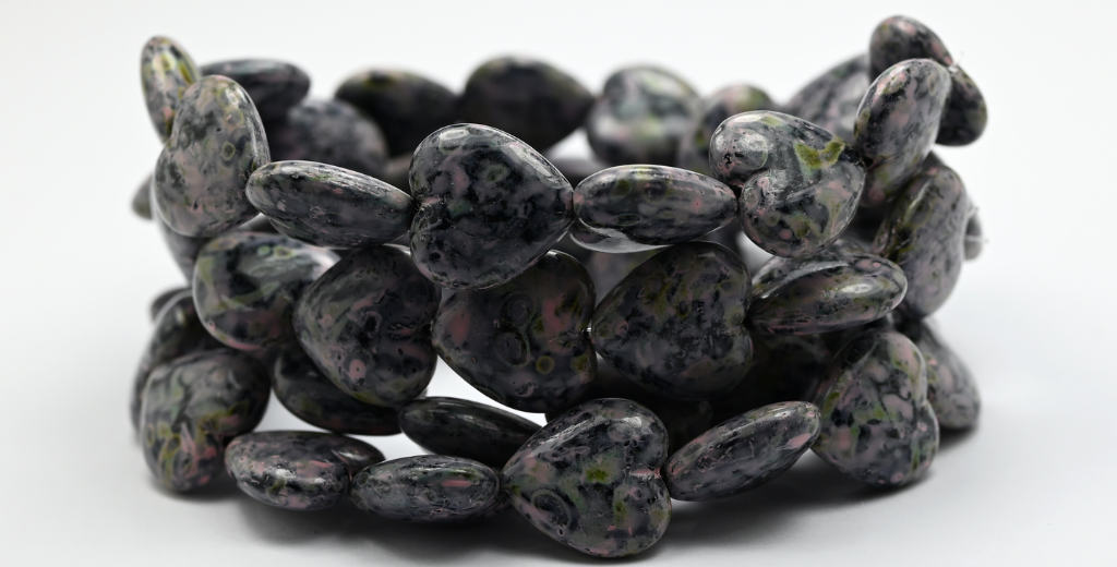 Heart Pressed Glass Beads, Black Travertin Warm Purple Spotted (1615-23980-86-33304), Glass, Czech Republic ~ STRANDED