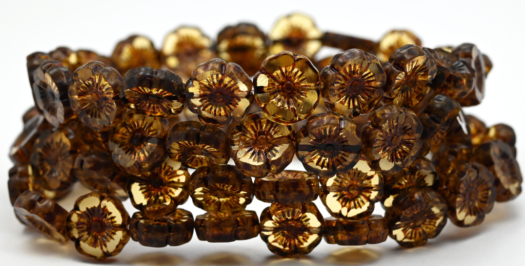 Table Cut Round Beads Hawaii Flowers, Transparent Light Topaz Yellow Travertin (10020-86800), Glass, Czech Republic ~ STRANDED