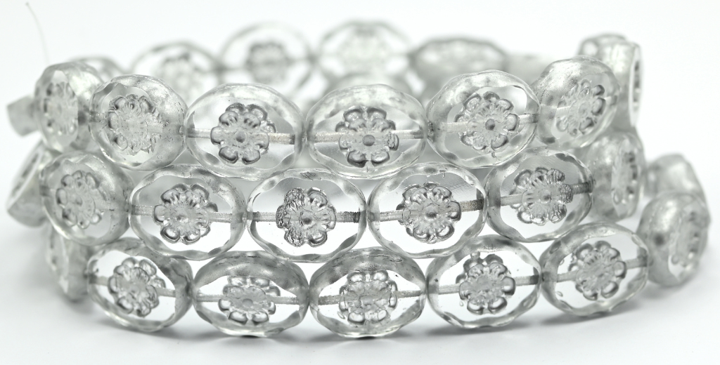 Table Cut Oval Beads With Flower, Crystal Silver Splash (00030-86700), Glass, Czech Republic ~ STRANDED