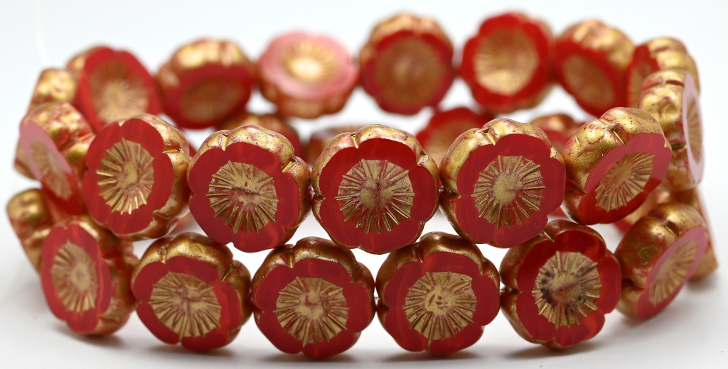 平切圆形珠夏威夷花,蛋白石红金色飞溅(91250-86720),玻璃,捷克共和国 ~ 串珠