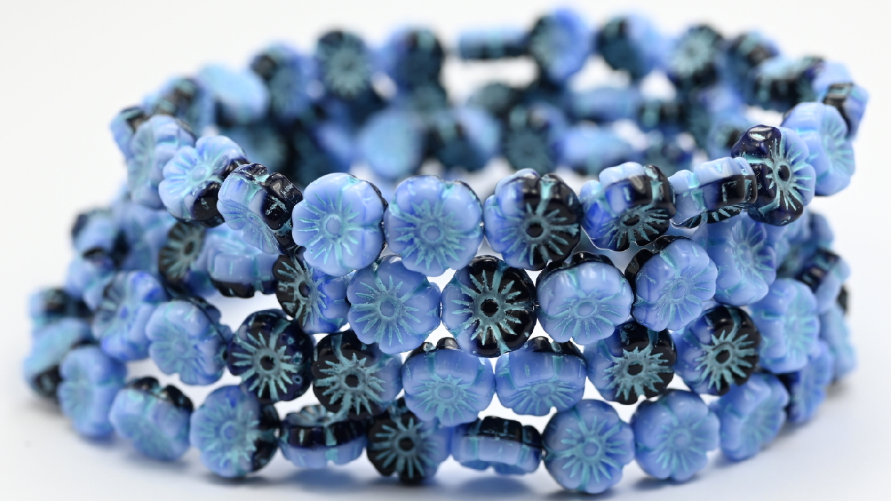 Hawaii Flower Pressed Glass Beads, 330133400 Light Blue Lined (330133400-54308), Glass, Czech Republic ~ STRANDED
