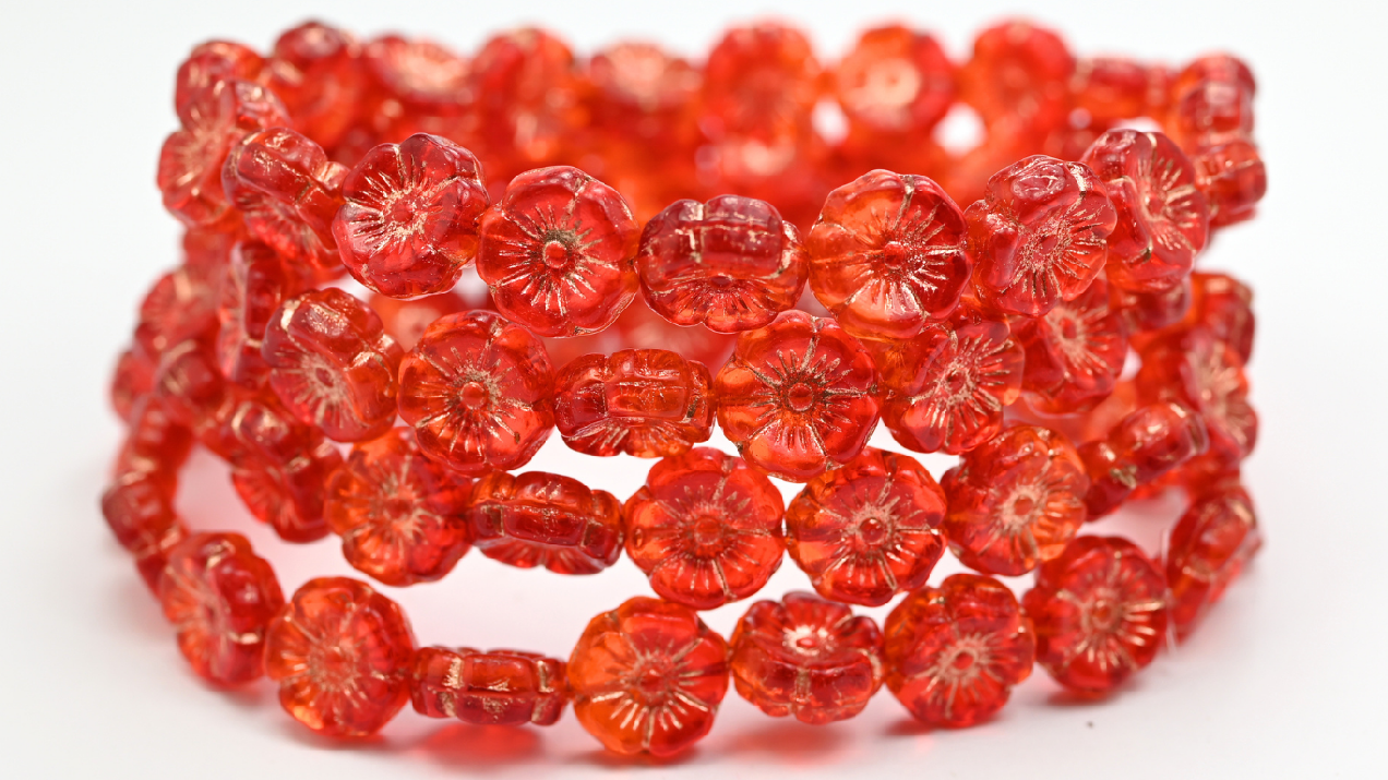 夏威夷花形压制玻璃珠,透明橙色铜线内衬 (9002008-54200),玻璃,捷克共和国 ~ 串珠