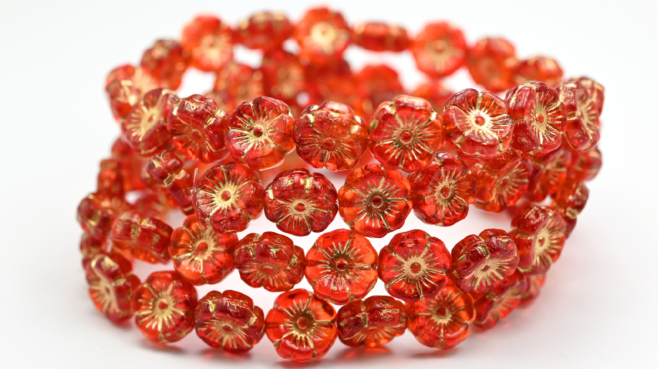 夏威夷压花玻璃珠,透明橙色描金(9002008-54202),玻璃,捷克共和国 ~ 串珠