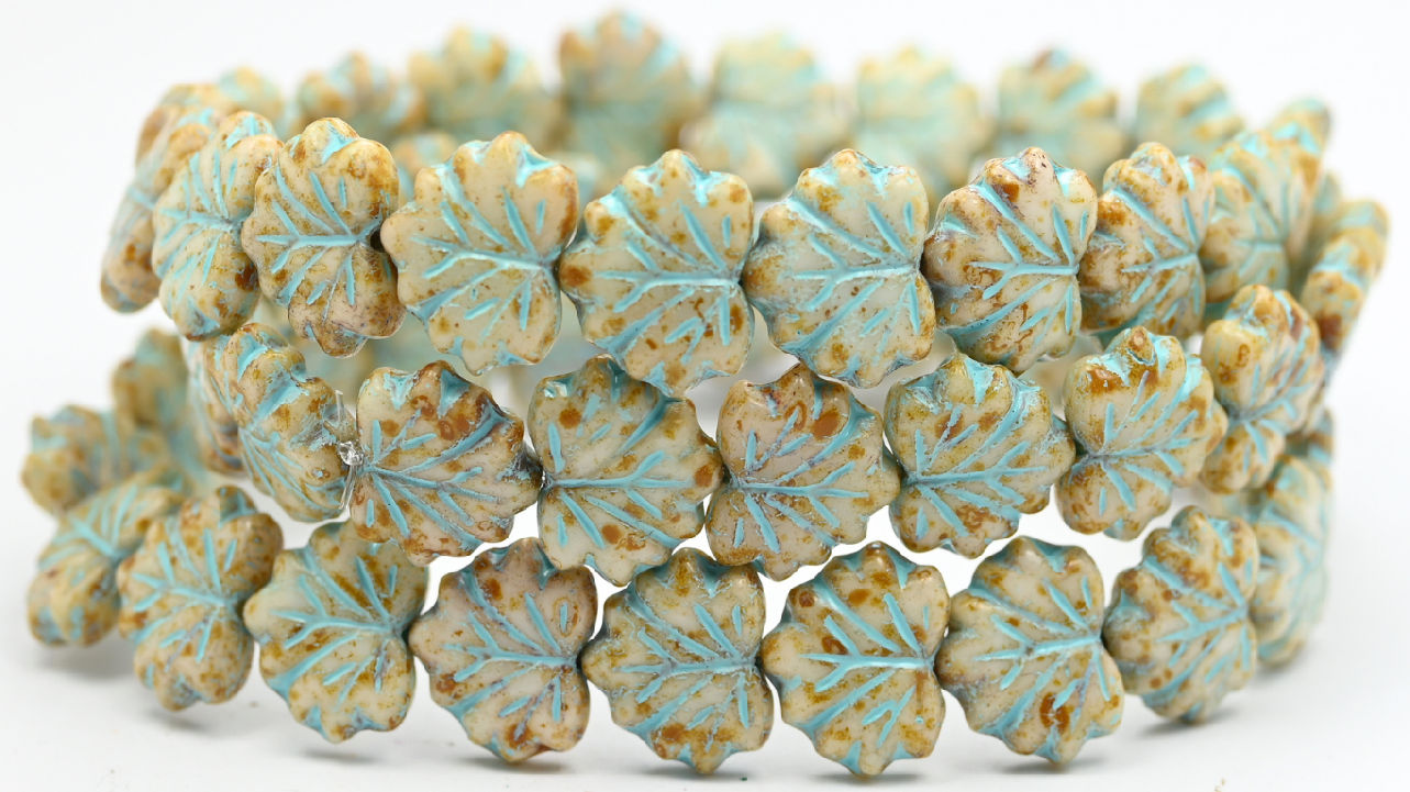 Maple Leaf Beads, White Travertin Light Blue Lined (1311-02010-86-54308), Glass, Czech Republic ~ STRANDED