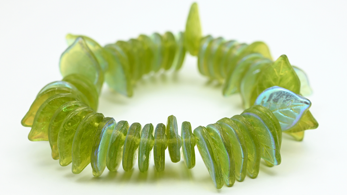 Leaf Pressed Glass Beads, Transparent Green Ab (50220-AB), Glass, Czech Republic ~ STRANDED