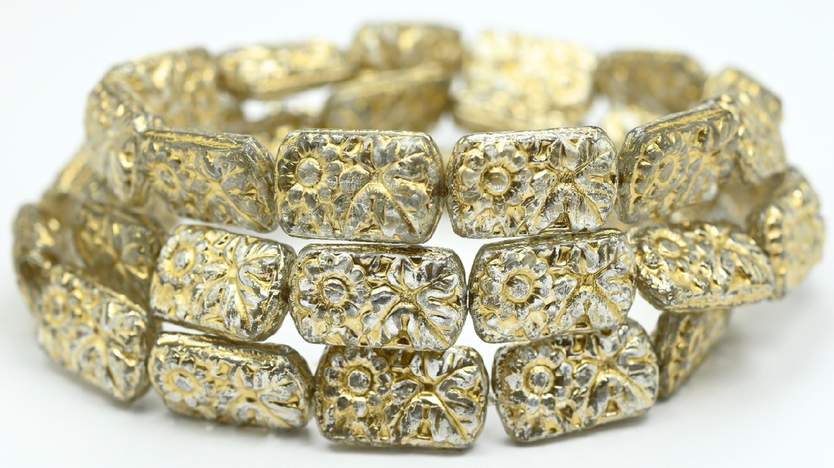 Oval Beads With Flower, Crystal Crystal Silver Half Coating Gold Lined (1911-00030-27001-54202), Glass, Czech Republic ~ STRANDED
