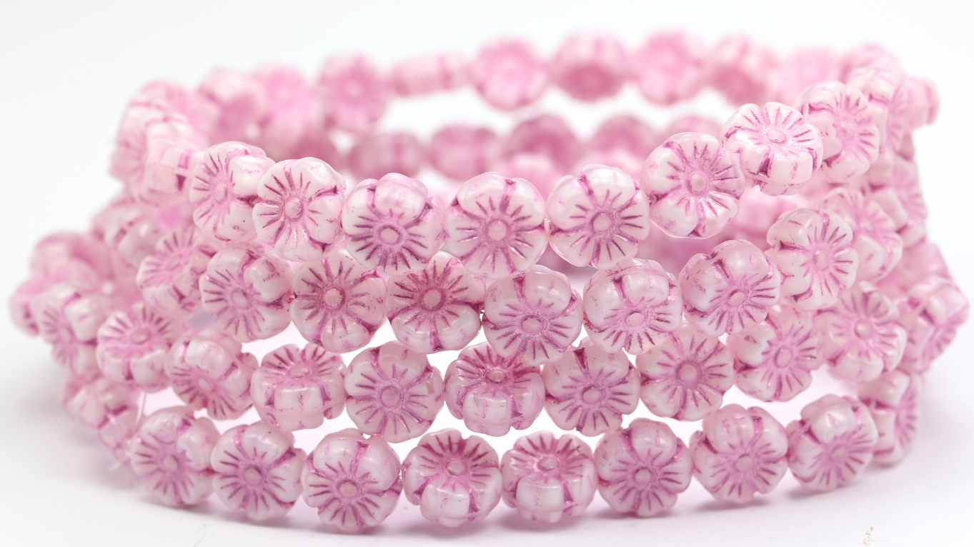 Hawaii Flower Pressed Glass Beads, 86000 Pink Lined (86000-54321), Glass, Czech Republic ~ STRANDED