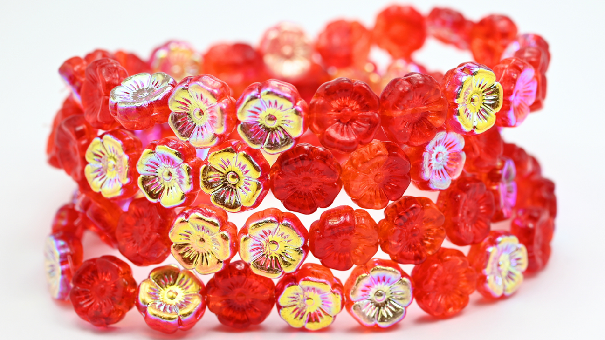 Hawaii Flower Pressed Glass Beads, Transparent Orange Ab (9002008-AB), Glass, Czech Republic ~ STRANDED