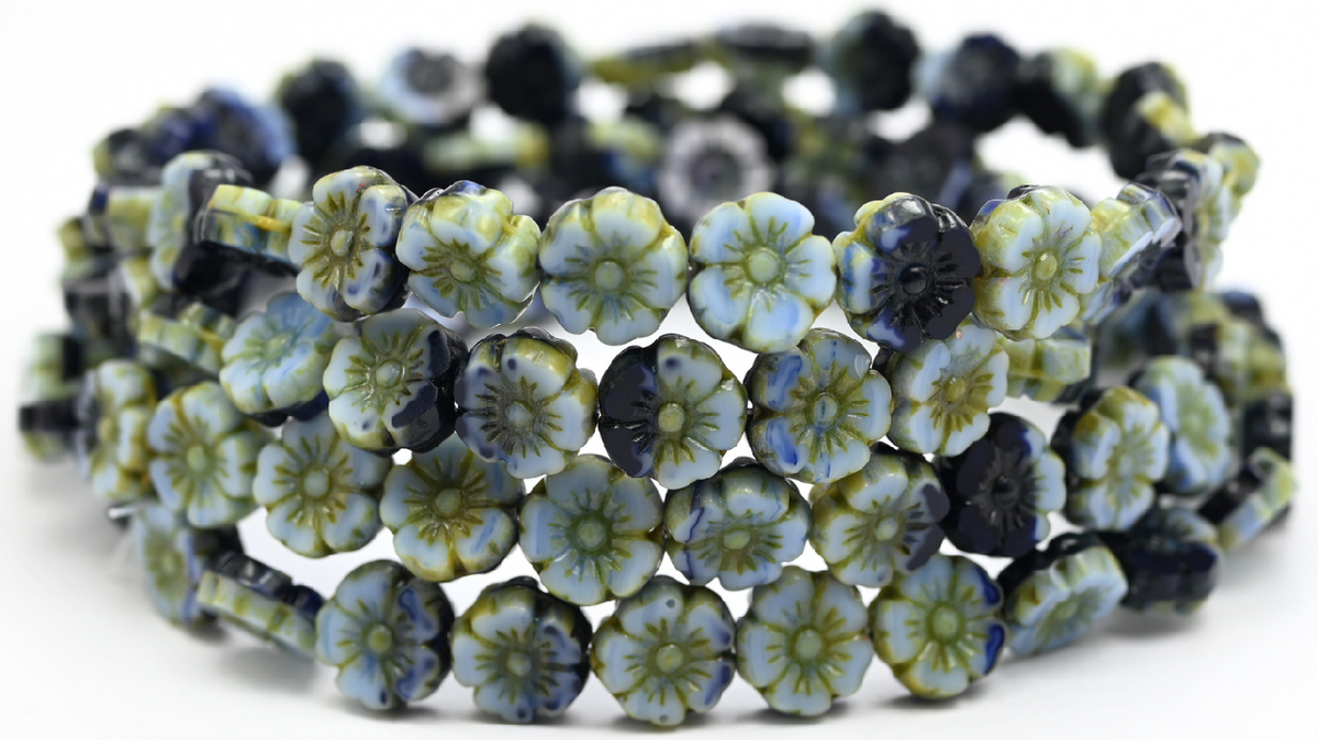 Table Cut Round Beads Hawaii Flowers, Mixed Blue Travertin (330133400-86800), Glass, Czech Republic ~ STRANDED