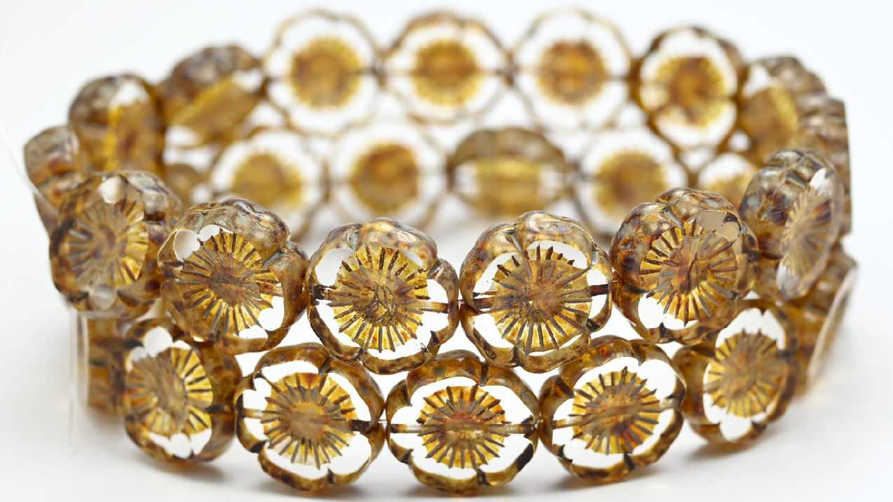 Table Cut Round Beads Hawaii Flowers, Crystal Travertin Beige Spotted (00030-86-33312), Glass, Czech Republic ~ STRANDED