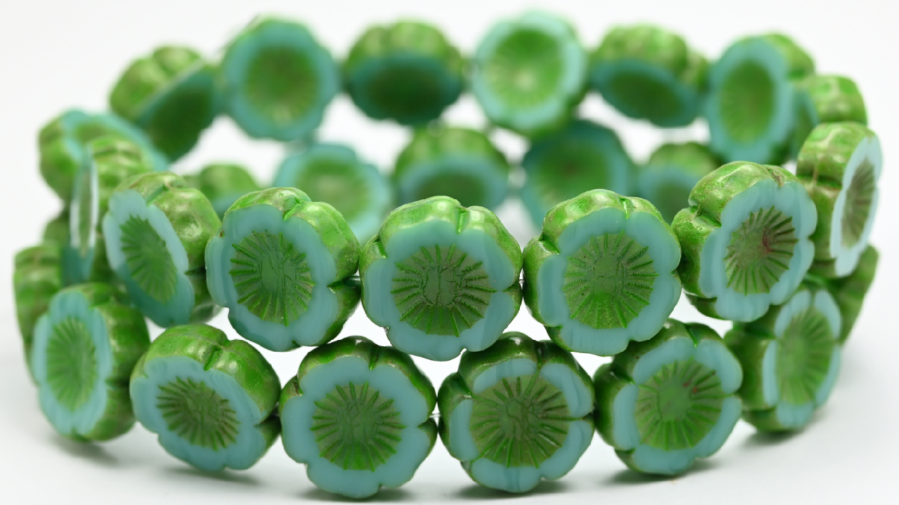 Table Cut Round Beads Hawaii Flowers, Turquoise Travertin Green Spotted (63130-86-33311), Glass, Czech Republic ~ STRANDED