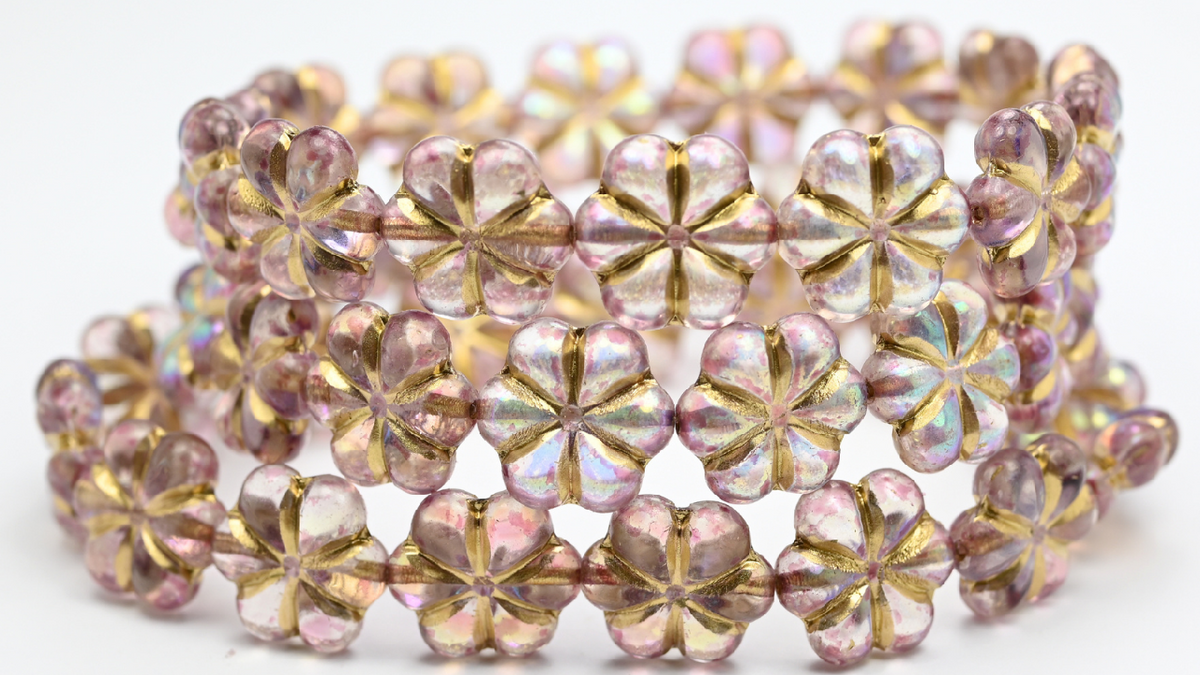 6-Petal Flower Pressed Beads, Transparent Light Amethyst Ab Gold Lined (15-20020-AB-54202), Glass, Czech Republic ~ STRANDED
