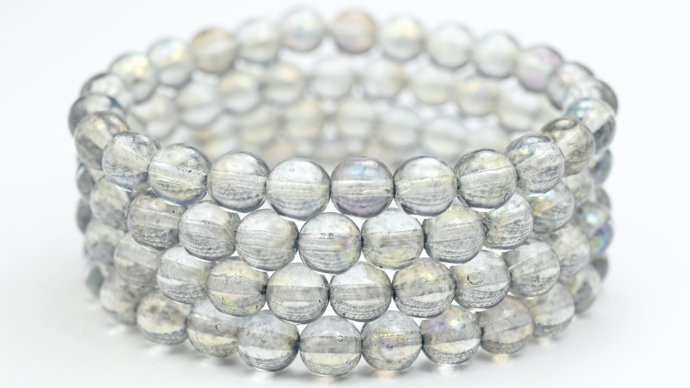 Round Pressed Glass Beads Druck, Crystal Light Gray Ab (8-00030-34311-AB), Glass, Czech Republic ~ STRANDED