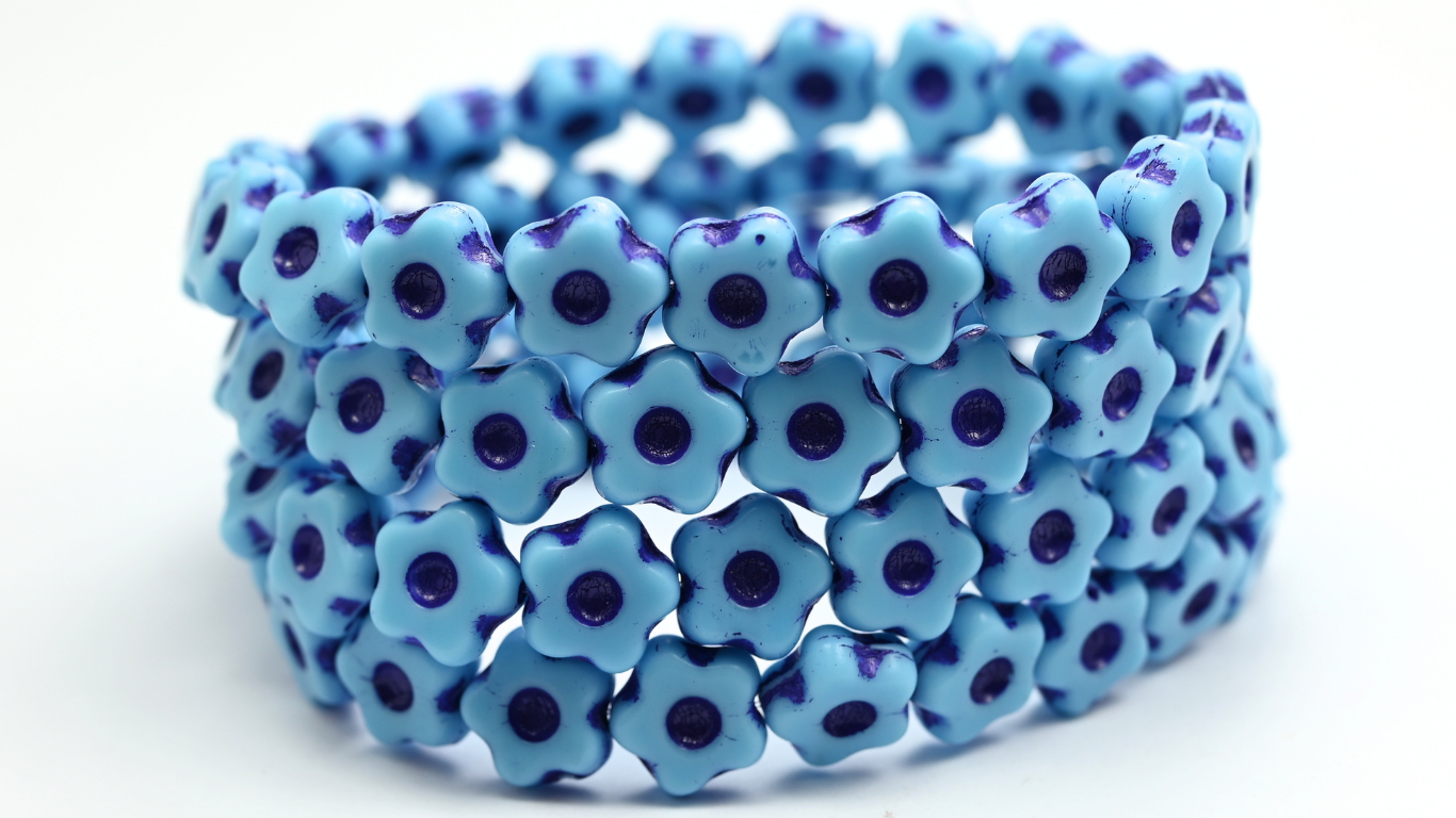 Simple Flower Pressed Glass Beads, Turquoise Blue 47520 (11-63030-47520), Glass, Czech Republic ~ STRANDED