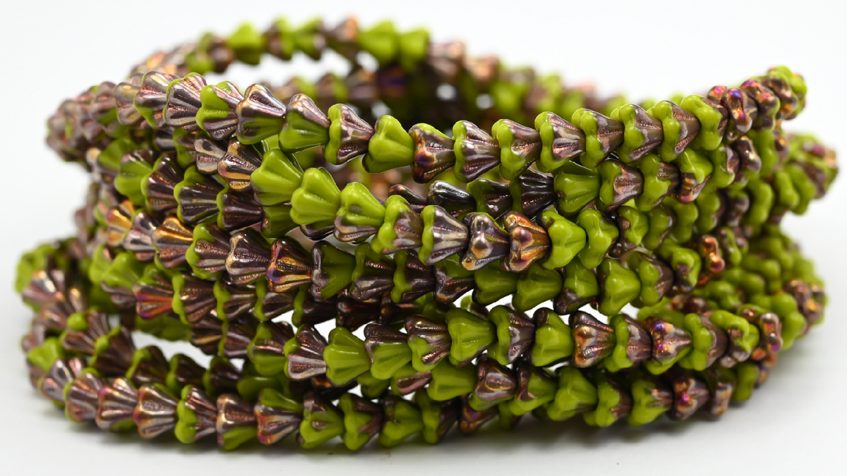 Bell Flower Pressed Glass Beads, Opaque Green Rose Gold Capri (53400-27101), Glass, Czech Republic ~ STRANDED