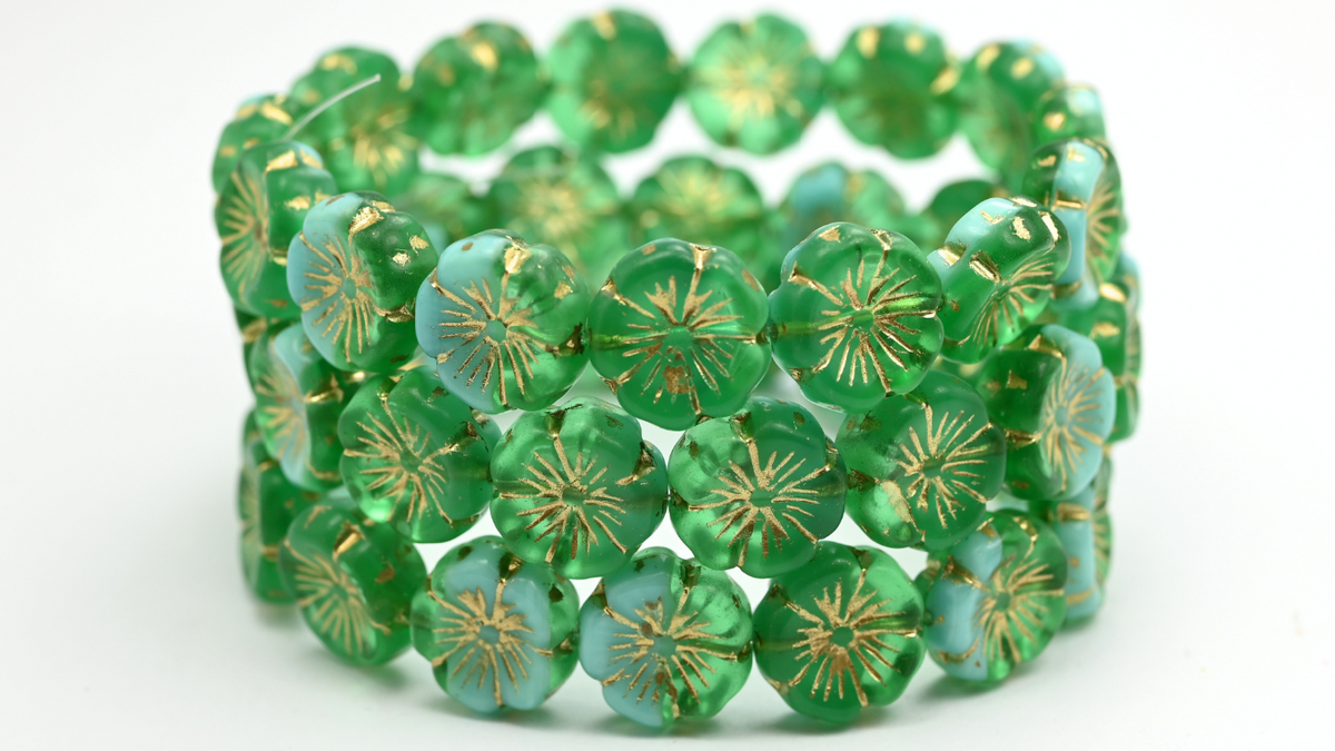 Hawaii Flower Pressed Glass Beads, Mixed Green Gold Lined (5060054210-54202), Glass, Czech Republic ~ STRANDED