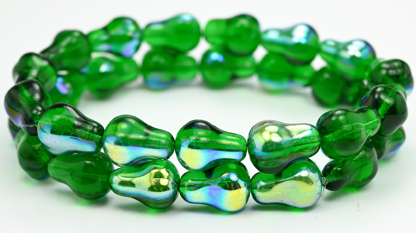 Pear Fruit Pressed Glass Beads, Transparent Green Emerald Ab (1712-50150-AB), Glass, Czech Republic ~ STRANDED