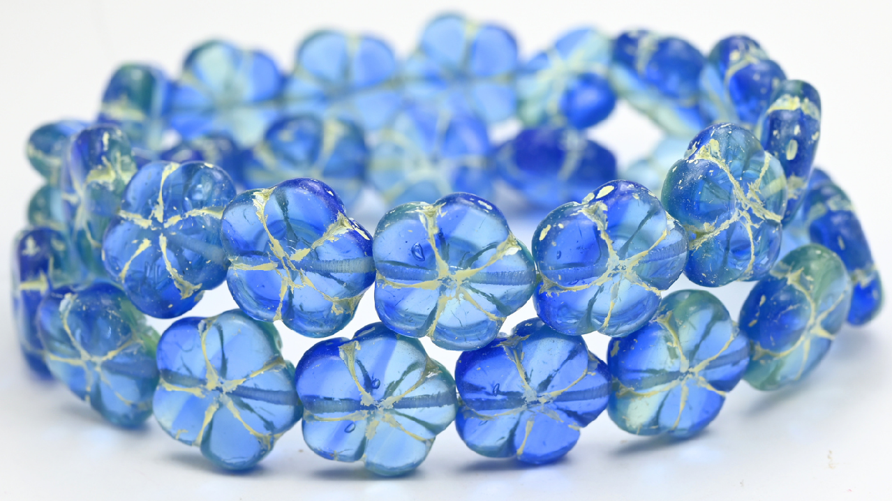 5-Petal Flower Pressed Beads, Mix Yellow Blue Beige Lined (18-87301-54311), Glass, Czech Republic ~ STRANDED