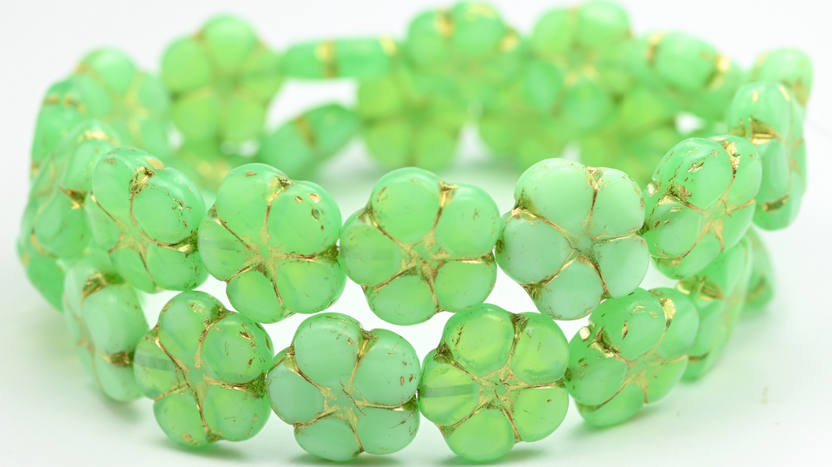 5-Petal Flower Pressed Beads, Opal Green Gold Lined (51010-54202), Glass, Czech Republic ~ STRANDED
