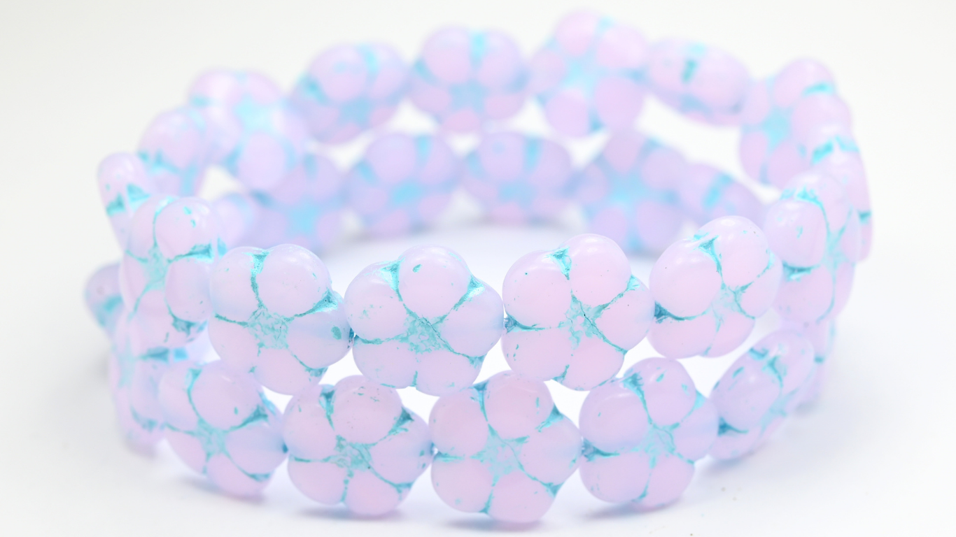 5-Petal Flower Pressed Beads, Opal Pink Light Blue Lined (18-72200-54308), Glass, Czech Republic ~ STRANDED