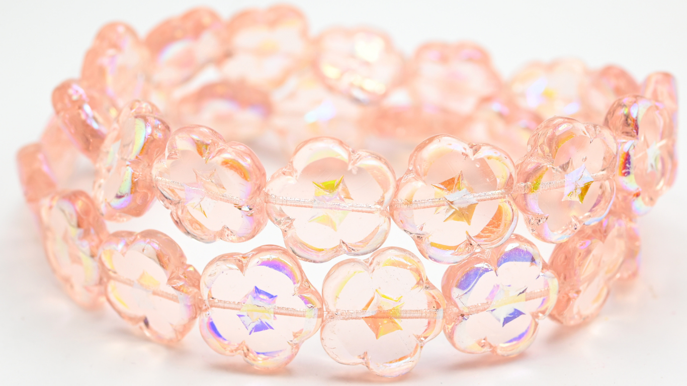 Table Cut Flower Beads, Transparent Pink Ab 2X (70100-AB-2X), Glass, Czech Republic ~ STRANDED