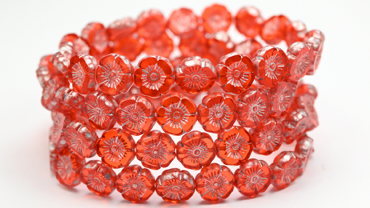 Table Cut Round Beads Hawaii Flowers, Transparent Orange Silver Splash (90020-86700), Glass, Czech Republic ~ STRANDED