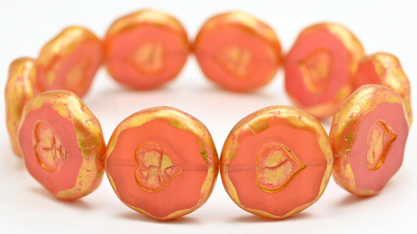 Table Cut Round Beads With Heart, Opal Pink Gold Splash (71010-86720), Glass, Czech Republic ~ STRANDED