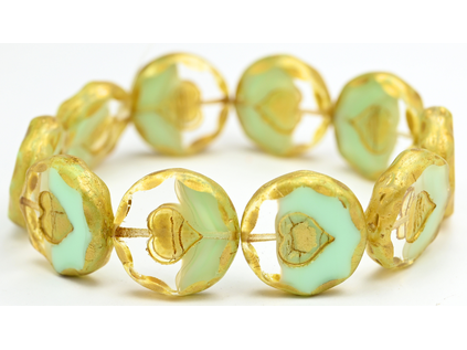 OUTLET 10 grams Table Cut Round Beads With Heart, Teal Gold Splash (56218-86720), Glass, Czech Republic
