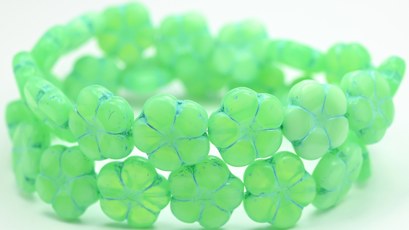 5-Petal Flower Pressed Beads, Opal Green Light Blue Lined (51010-54308), Glass, Czech Republic ~ STRANDED