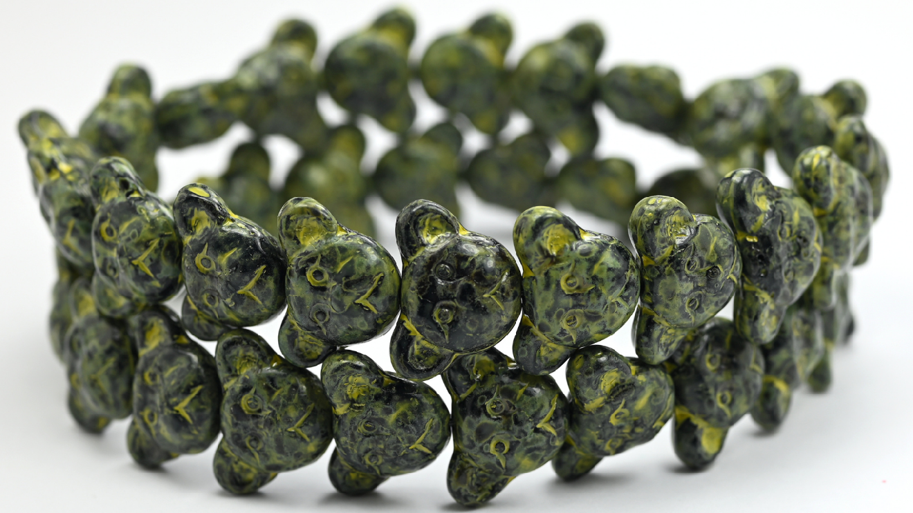 Sad Bear Muzzle Beads, Black Travertin Beige Yellow Spotted (23980-86-33303), Glass, Czech Republic ~ STRANDED