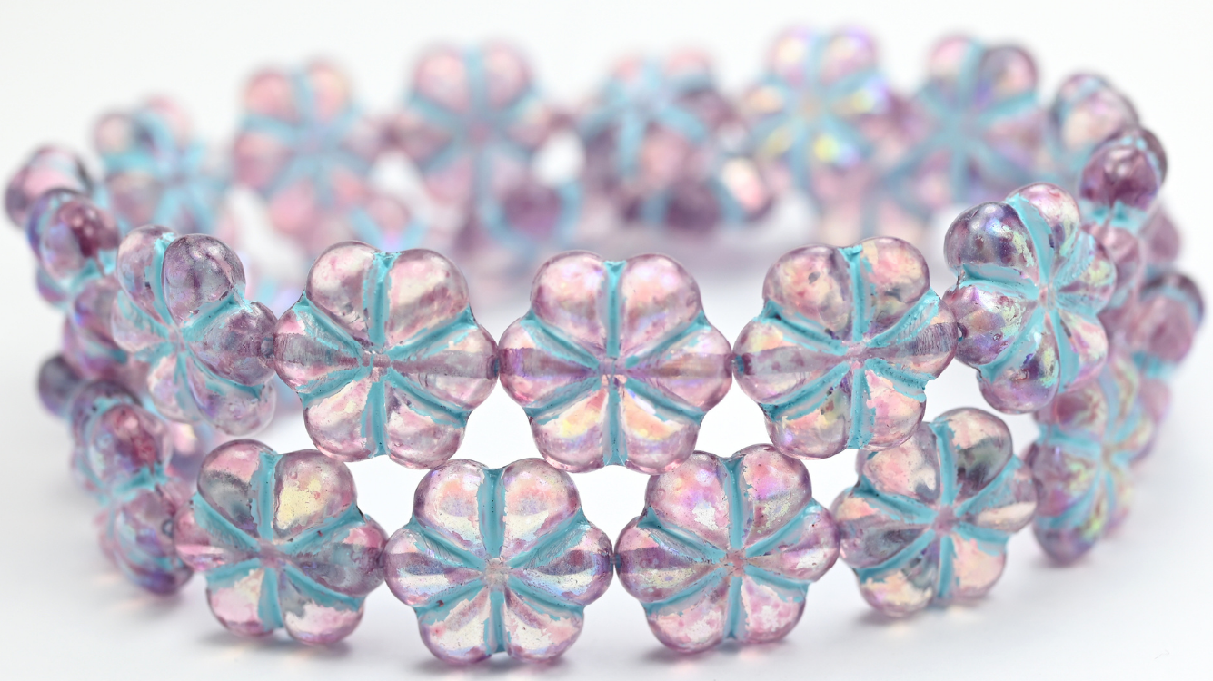 6-Petal Flower Pressed Beads, Crystal Light Fuchsia Pink Light Blue Lined Ab (00030-34306-54308-AB), Glass, Czech Republic ~ STRANDED
